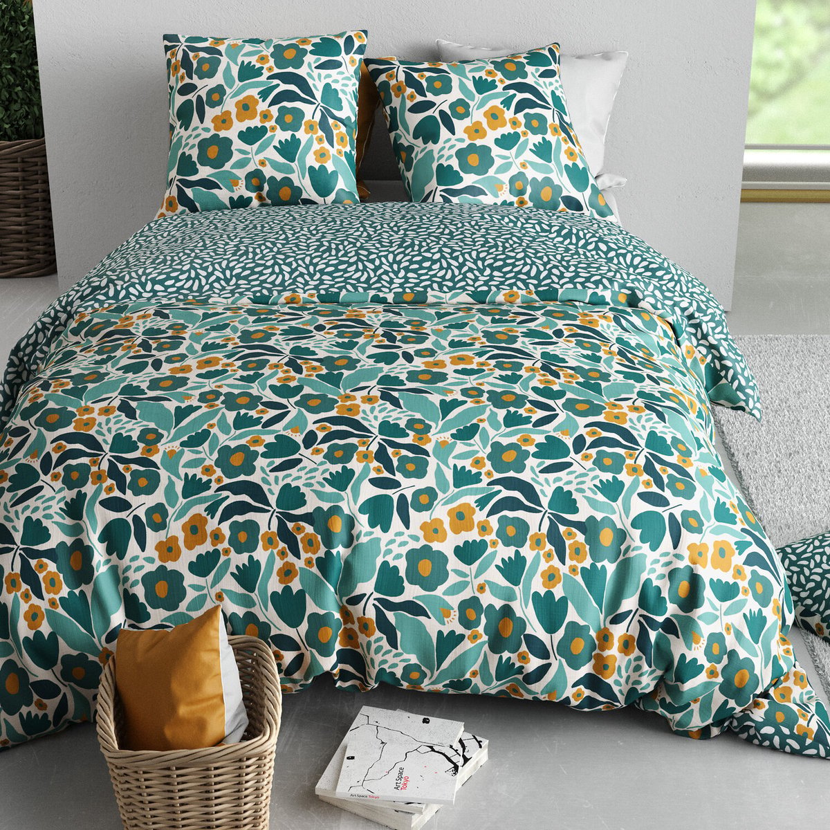 Parure housse de couette en coton imprimée, Mia jaune, C DESIGN HOME TEXTILE