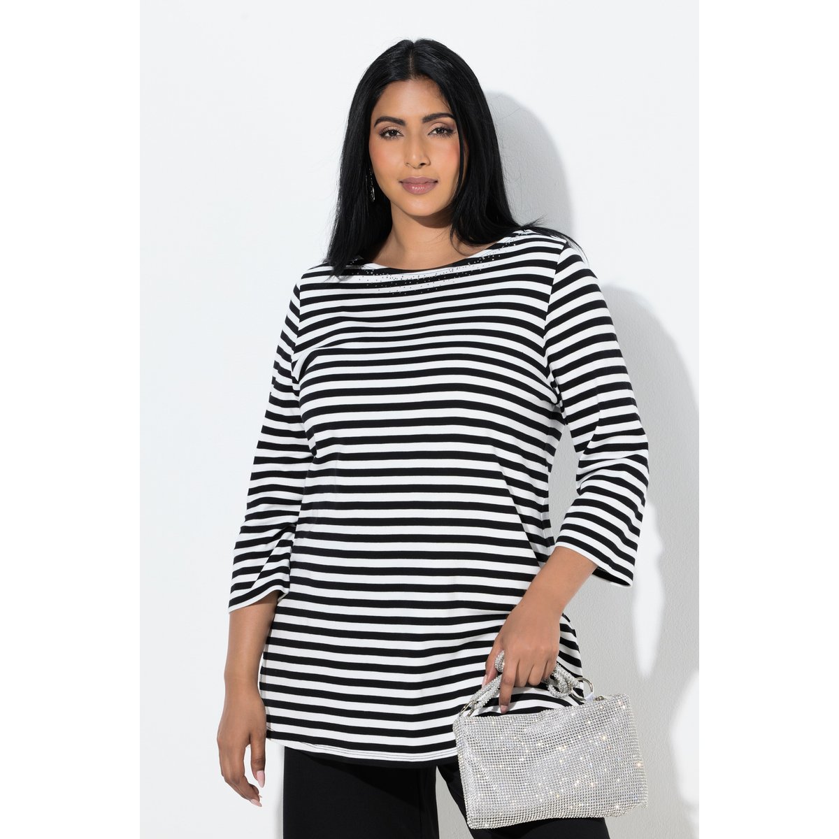 T-shirt à rayures en coton Pima noir, ULLA POPKEN