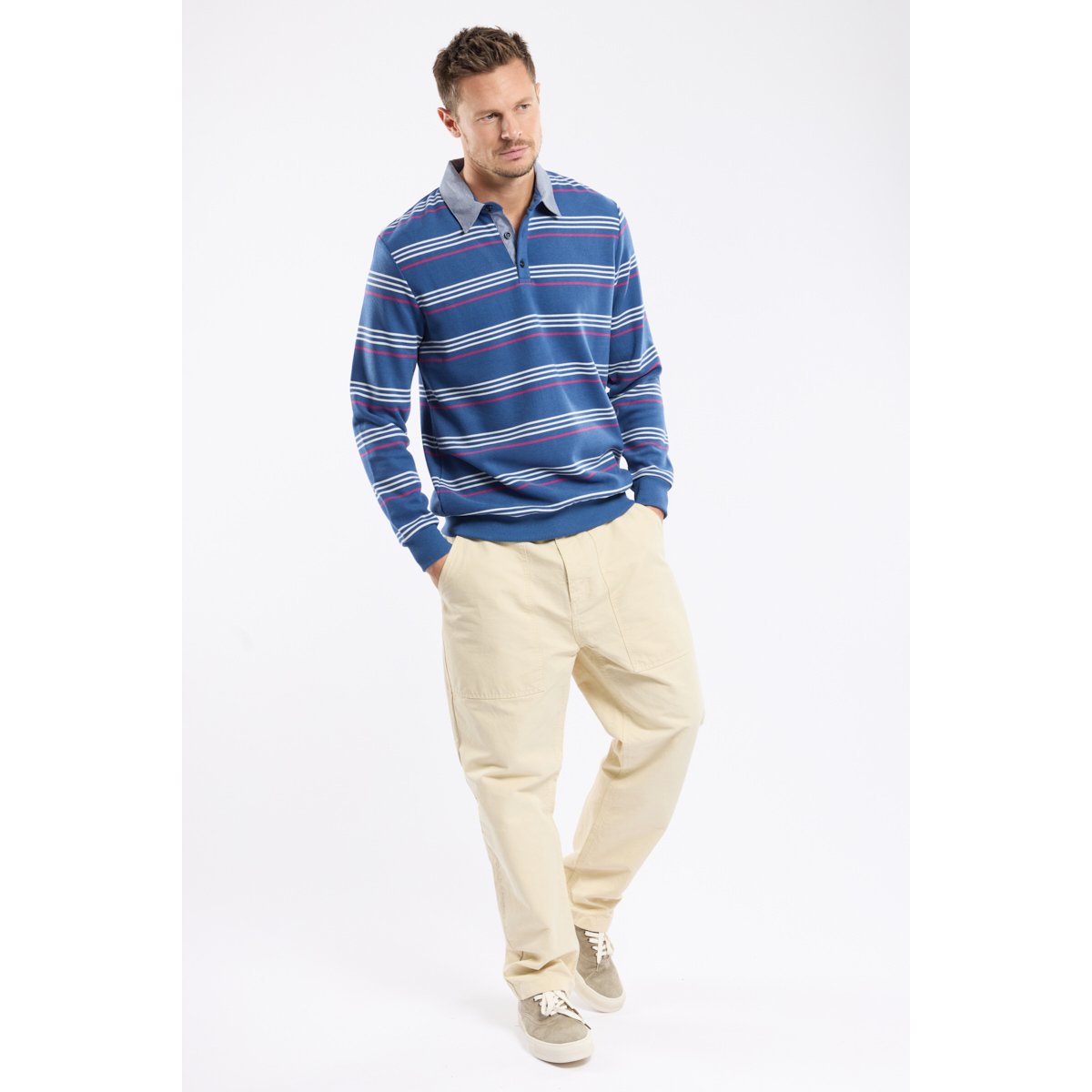 Sweat col polo Bérac jean brut/slate rose/ecru, GUY DE BERAC