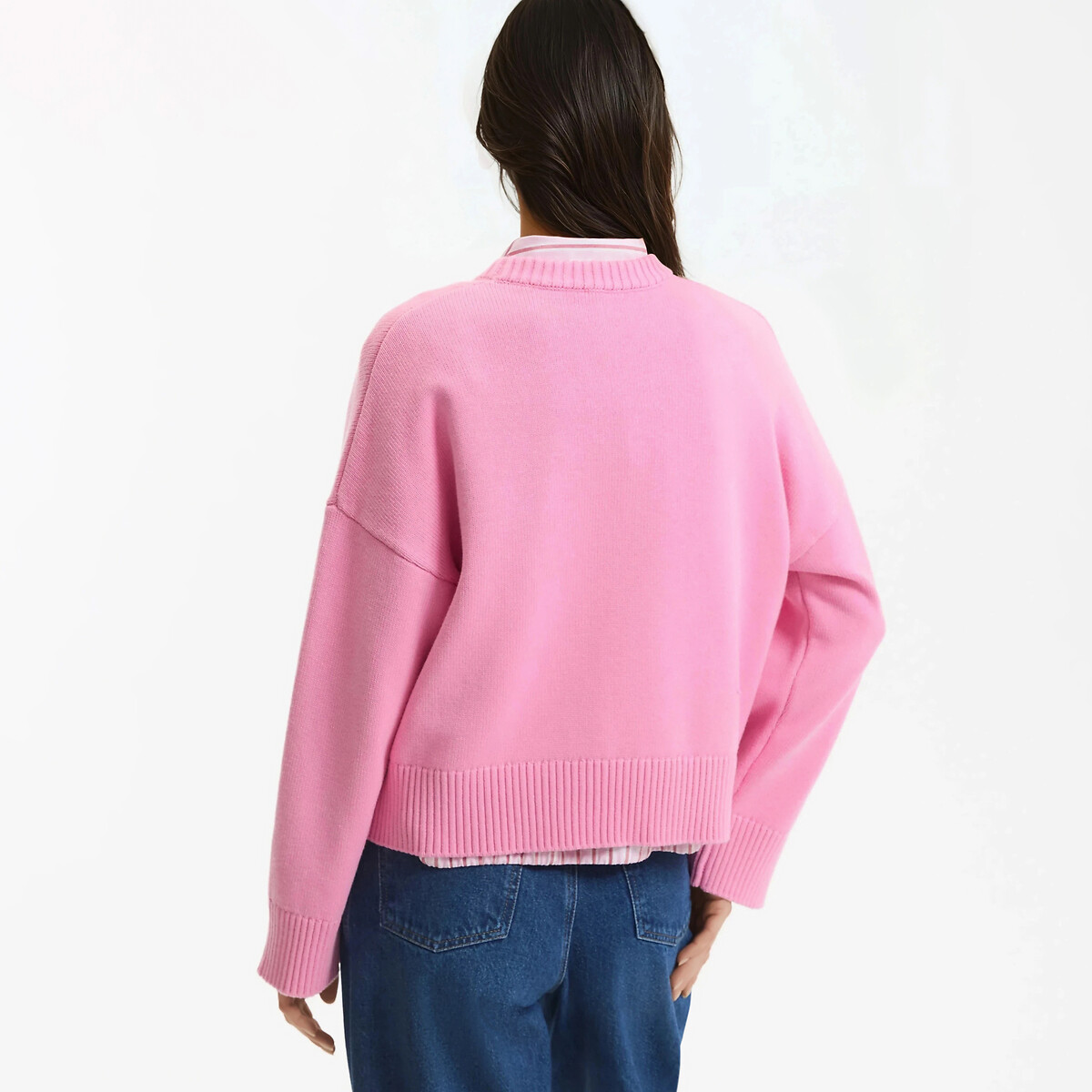 Pull col rond, en laine et coton mélangés rose, LA REDOUTE COLLECTIONS