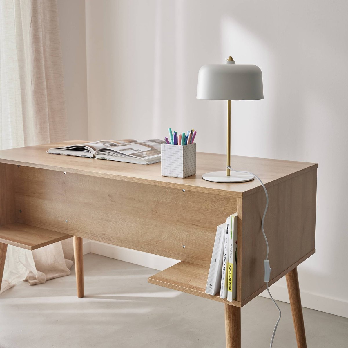 Bureau décor bois et cannage 2 portes BOHÈME naturel, SWEEEK