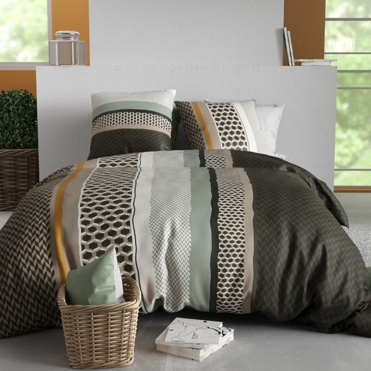 Housse De Couette 100% Coton 57 Fils + 2 Taies D'oreiller marron, DECORATIE