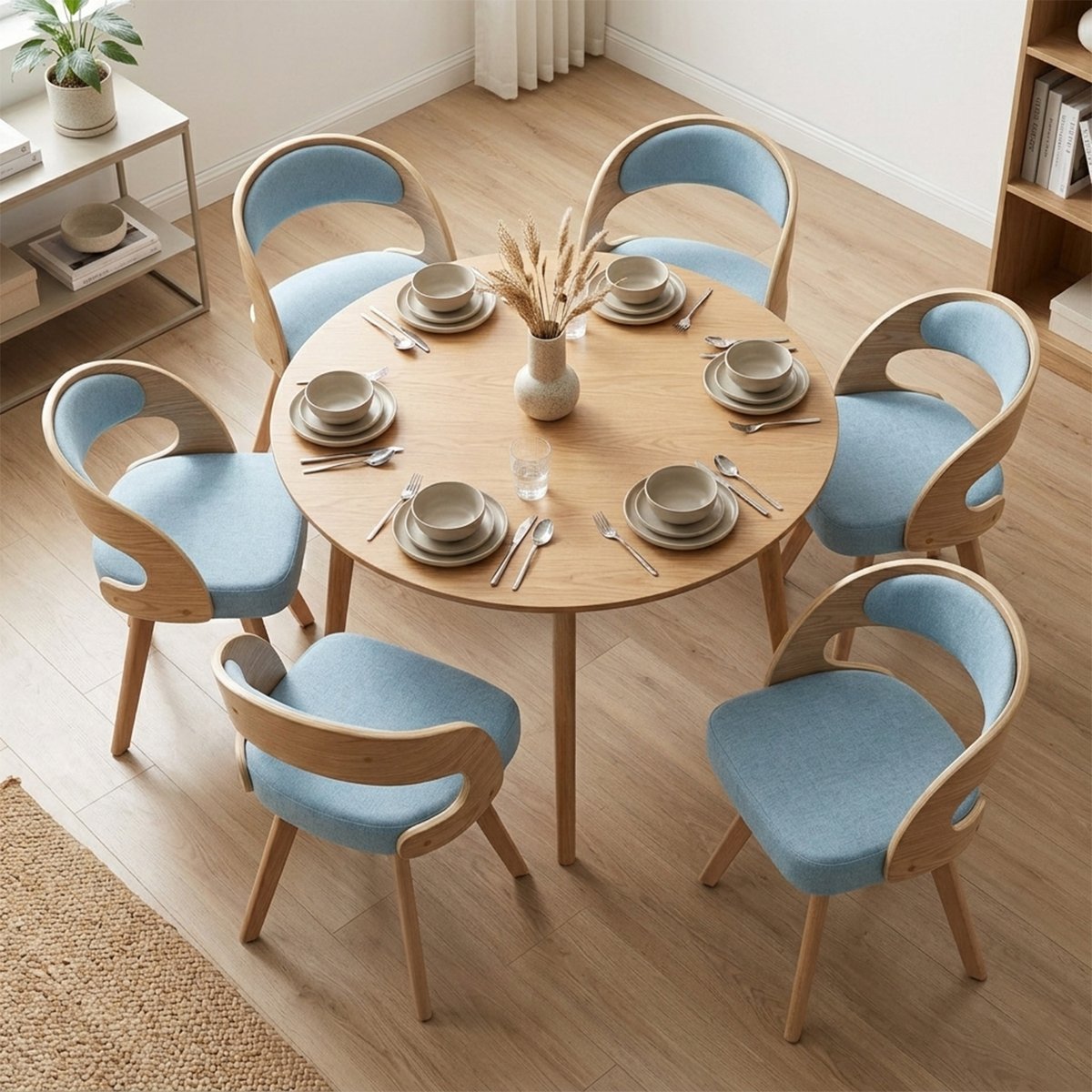Lot de 6 fauteuils de salle à manger rotatif scandinave en hêtre, GINNY bleu, MEUBLES COSY