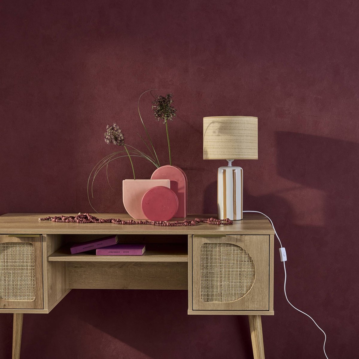 Lampe de table intérieur céramique abat-jour effet rotin H 44cm AURORE moutarde, SWEEEK
