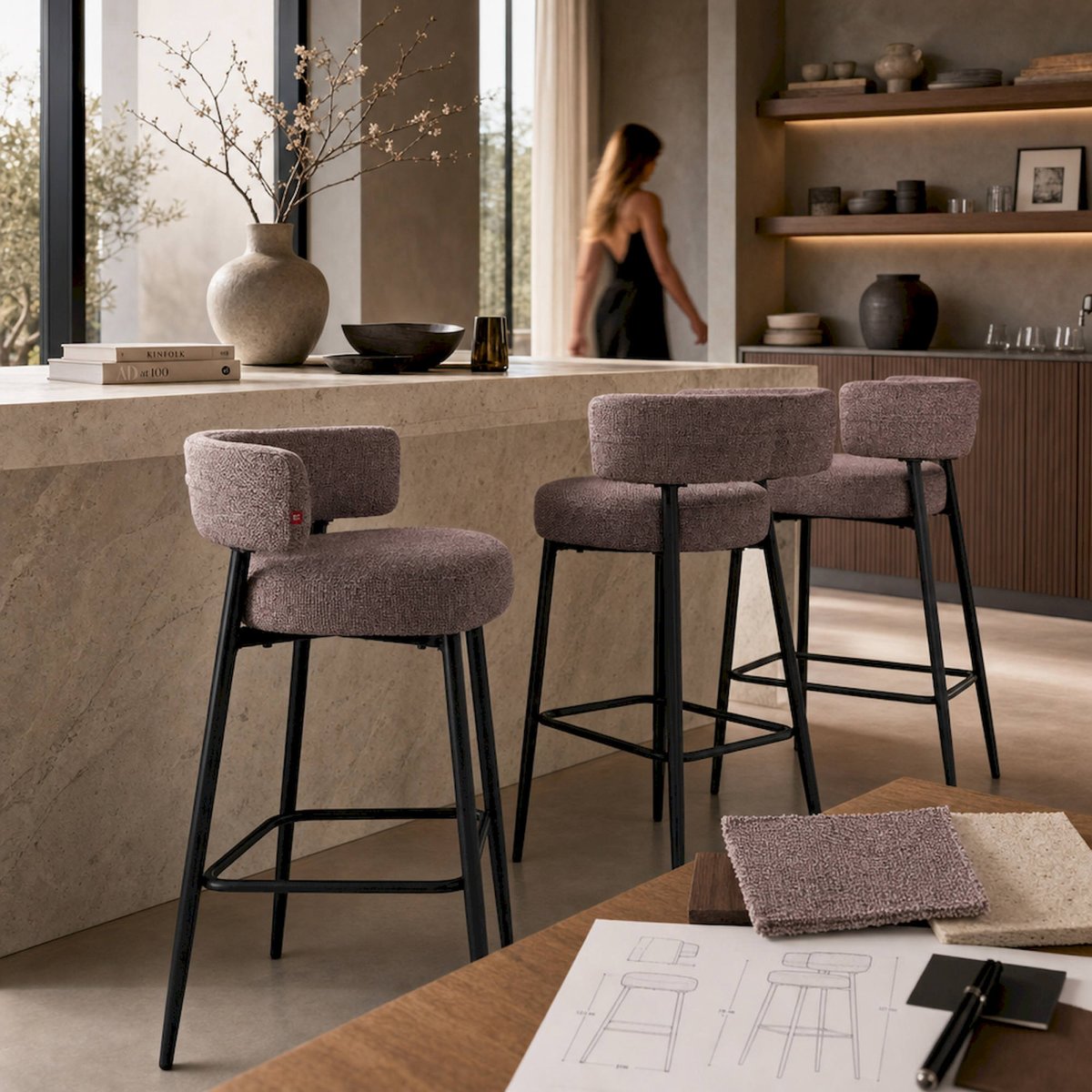 Tabouret de bar contemporain S.MERANO mûre chiné et noir, RECOLLECTION