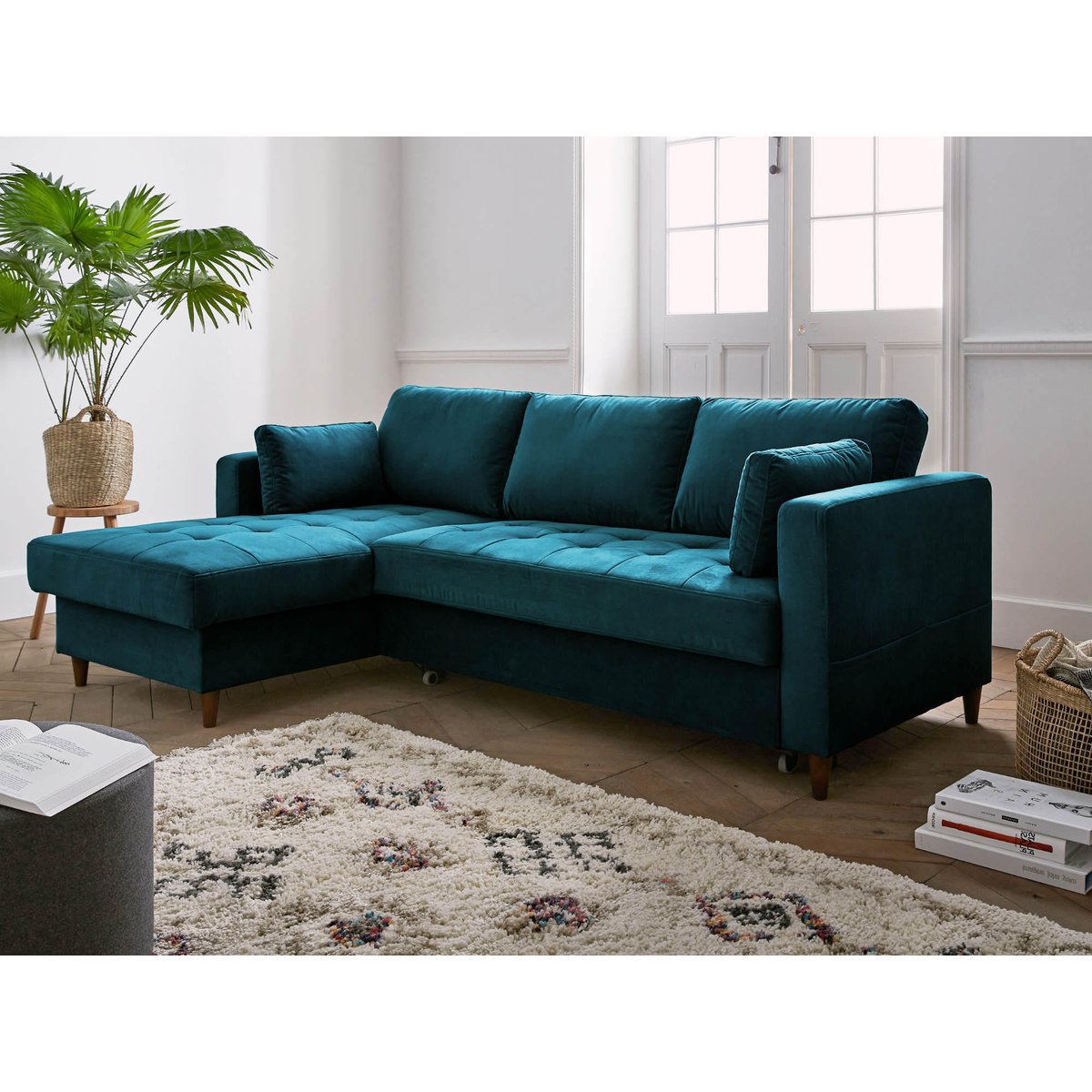 Canapé d'Angle Convertible 4 places - ANNA bleu canard, BEST MOBILIER