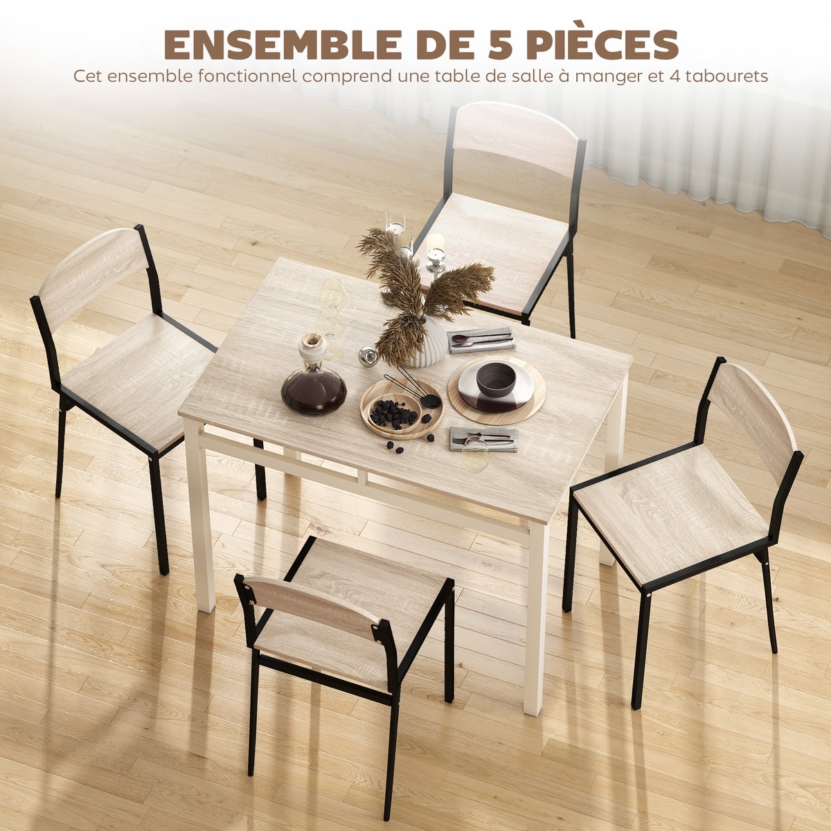 Ensemble de table à manger Métal Noir noir, bois de chêne, HOMCOM