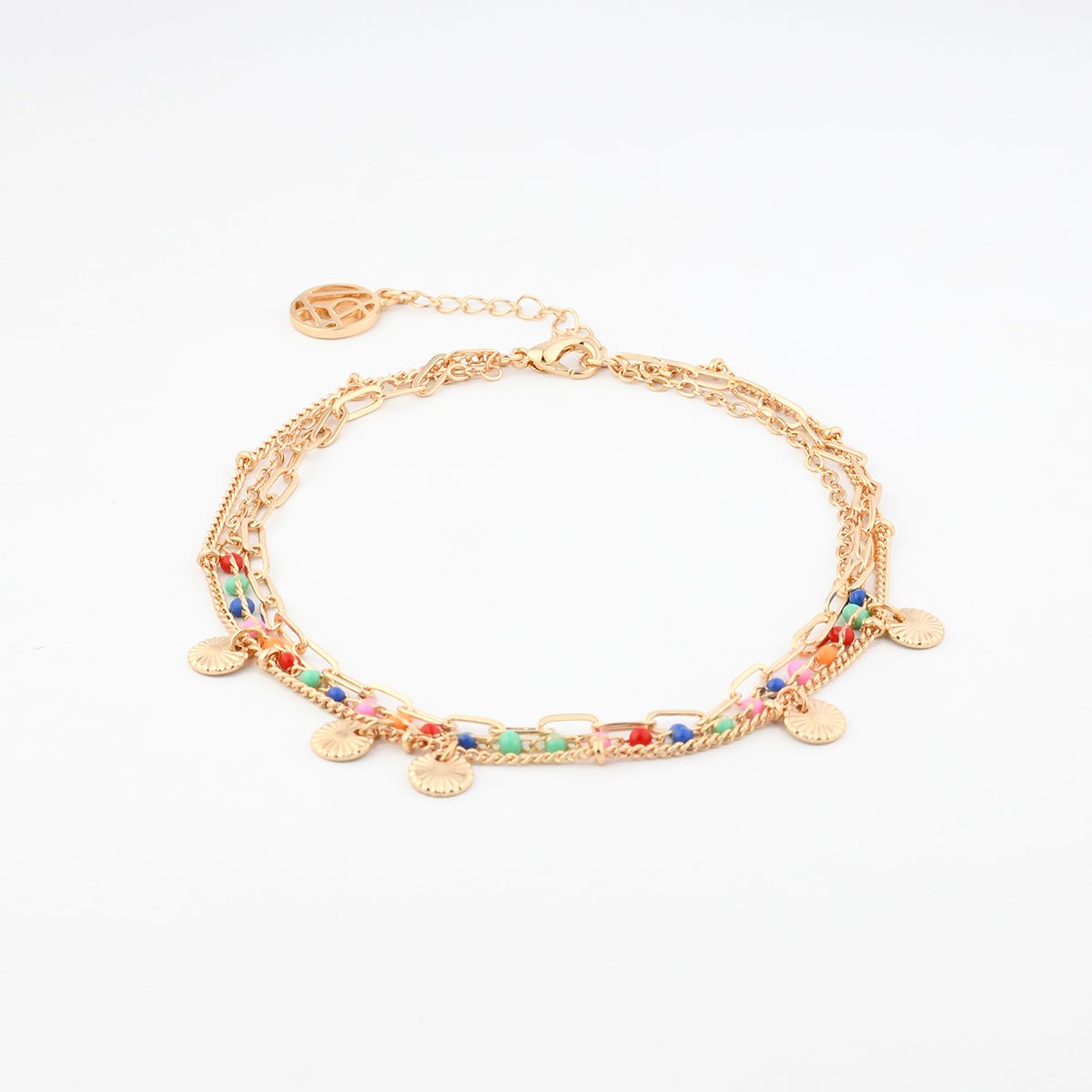 Chaine de cheville perles de rocaille multicolore et pampilles doré, BALABOOSTE