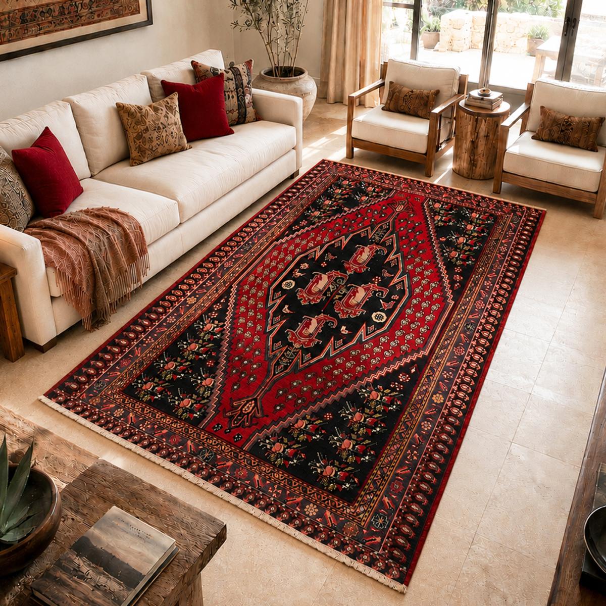 Tapis d'orient oriental, noué main en laine, HAMADAN 17 rouge, beige, noir, UN AMOUR DE TAPIS