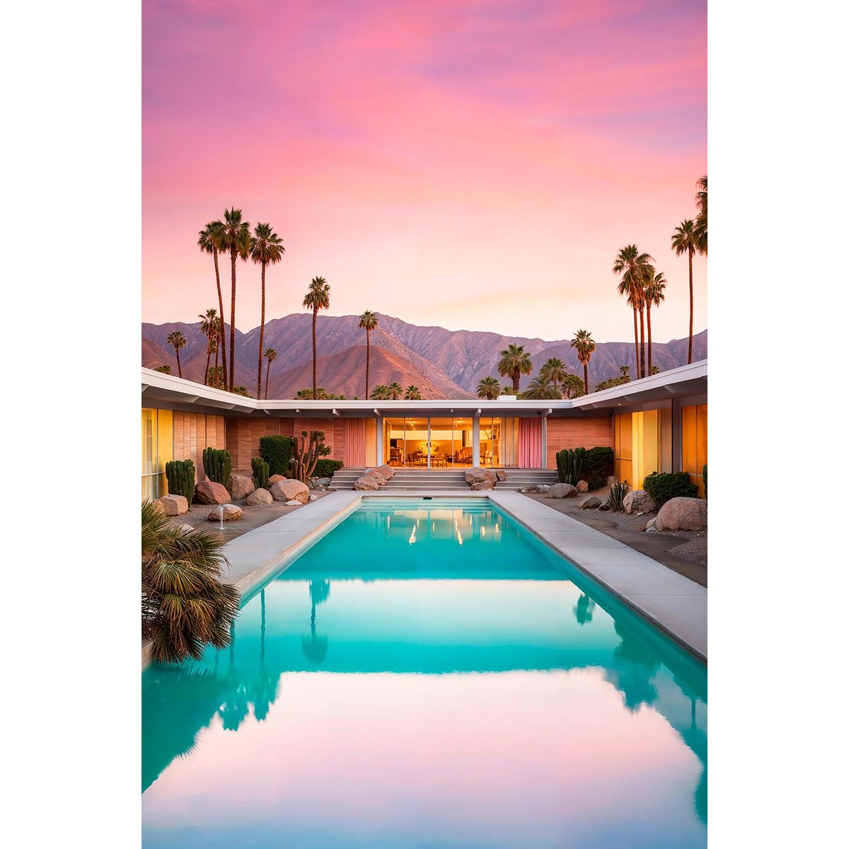 Tableau design piscine au sunset californien toile imprimée, HEXOA