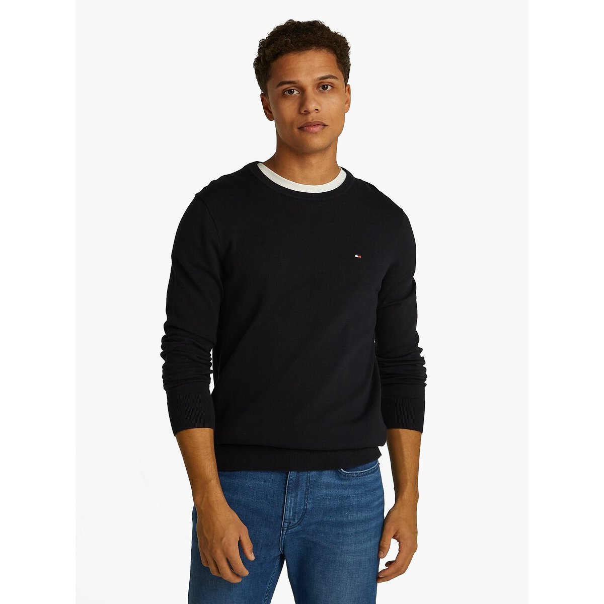 Pull col rond en coton bleu foncé, TOMMY HILFIGER