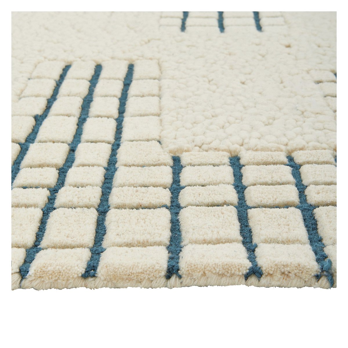 Tapis de salon laine GLORIA bleu canard, beige, HABITAT
