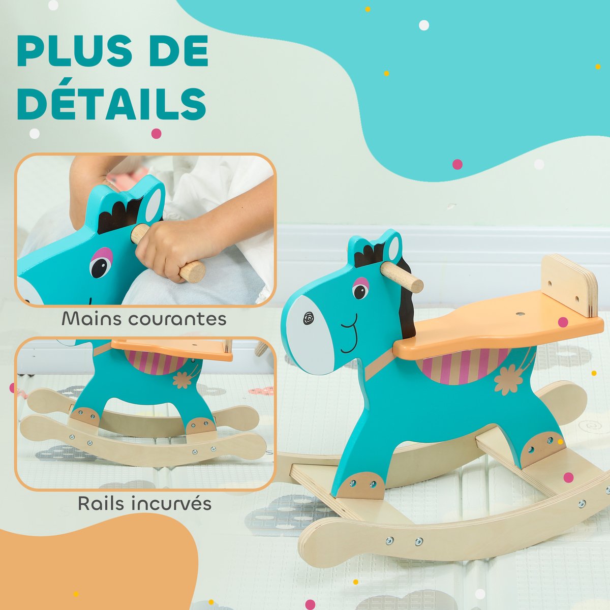 Cheval à bascule pour enfants Contreplaqué vert foncé, orange, bois, AIYAPLAY