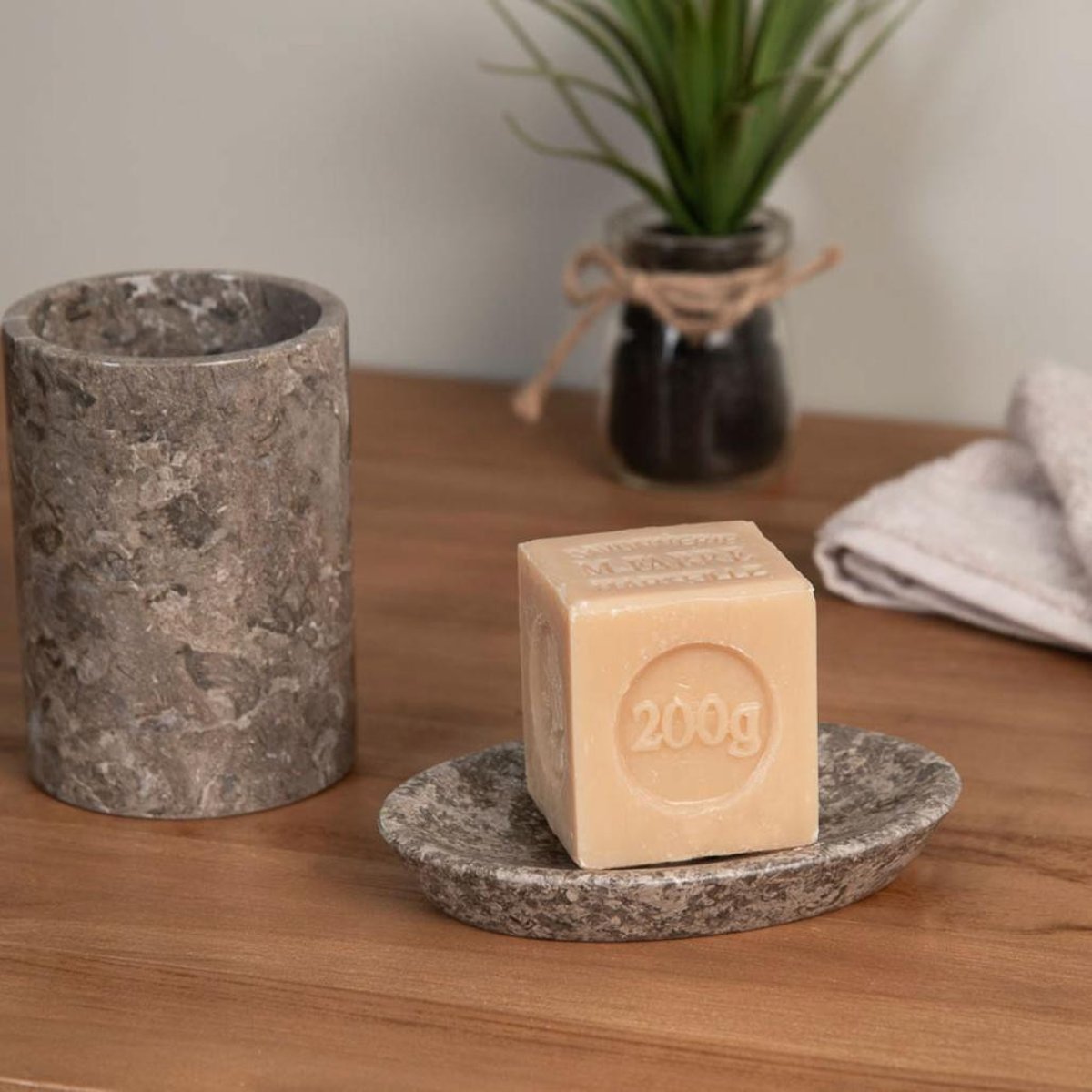 Ensemble porte savon gobelet en marbre gris, WANDA COLLECTION