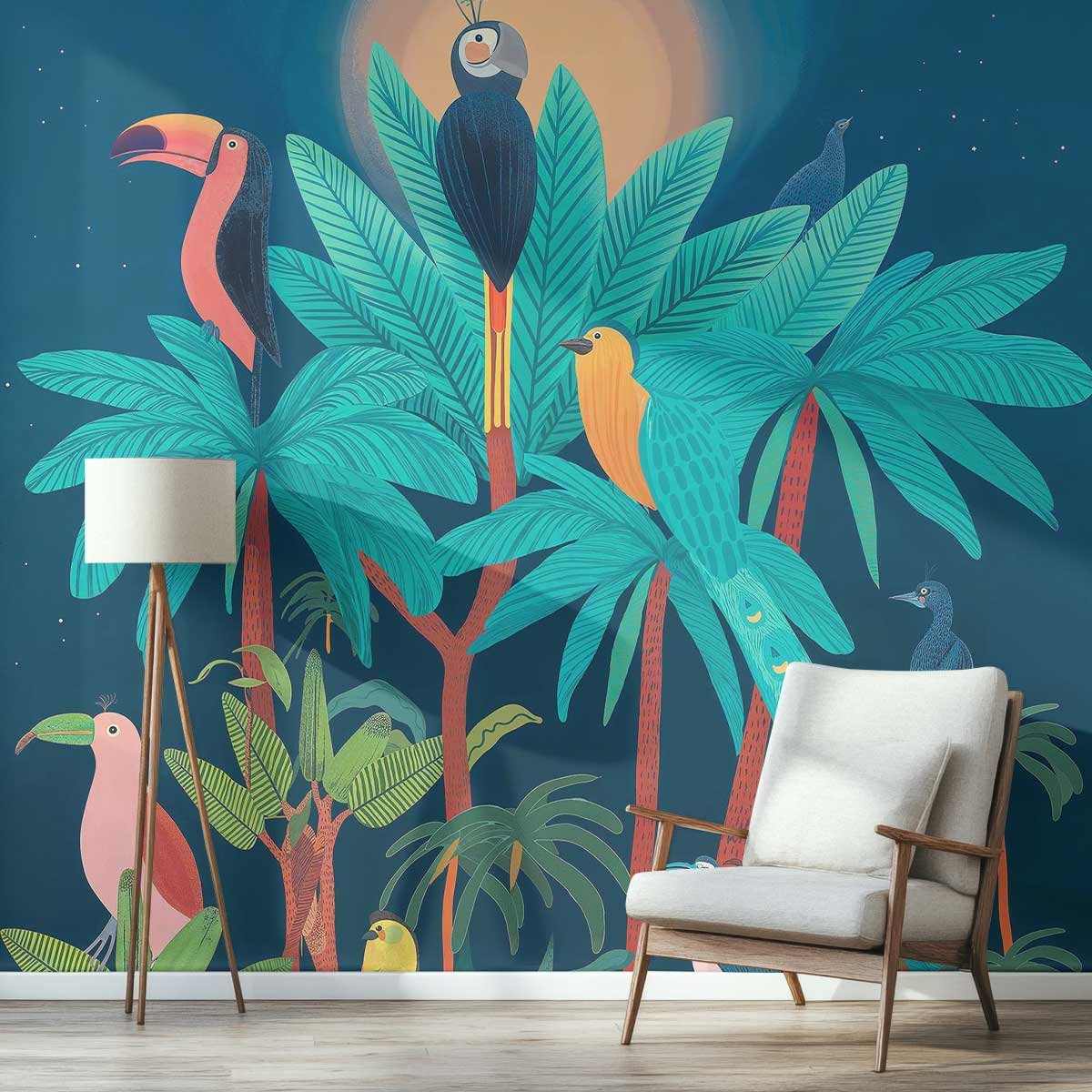 Papier peint Oiseaux Tropicaux au Sommet multicolore, HEXOA