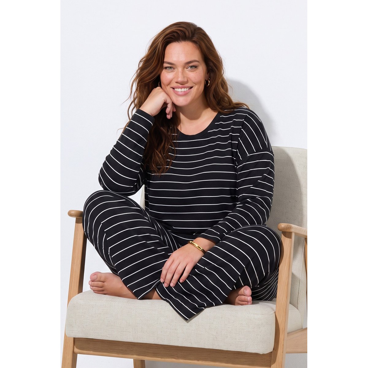 T-shirt en coton bio rayé noir, ULLA POPKEN