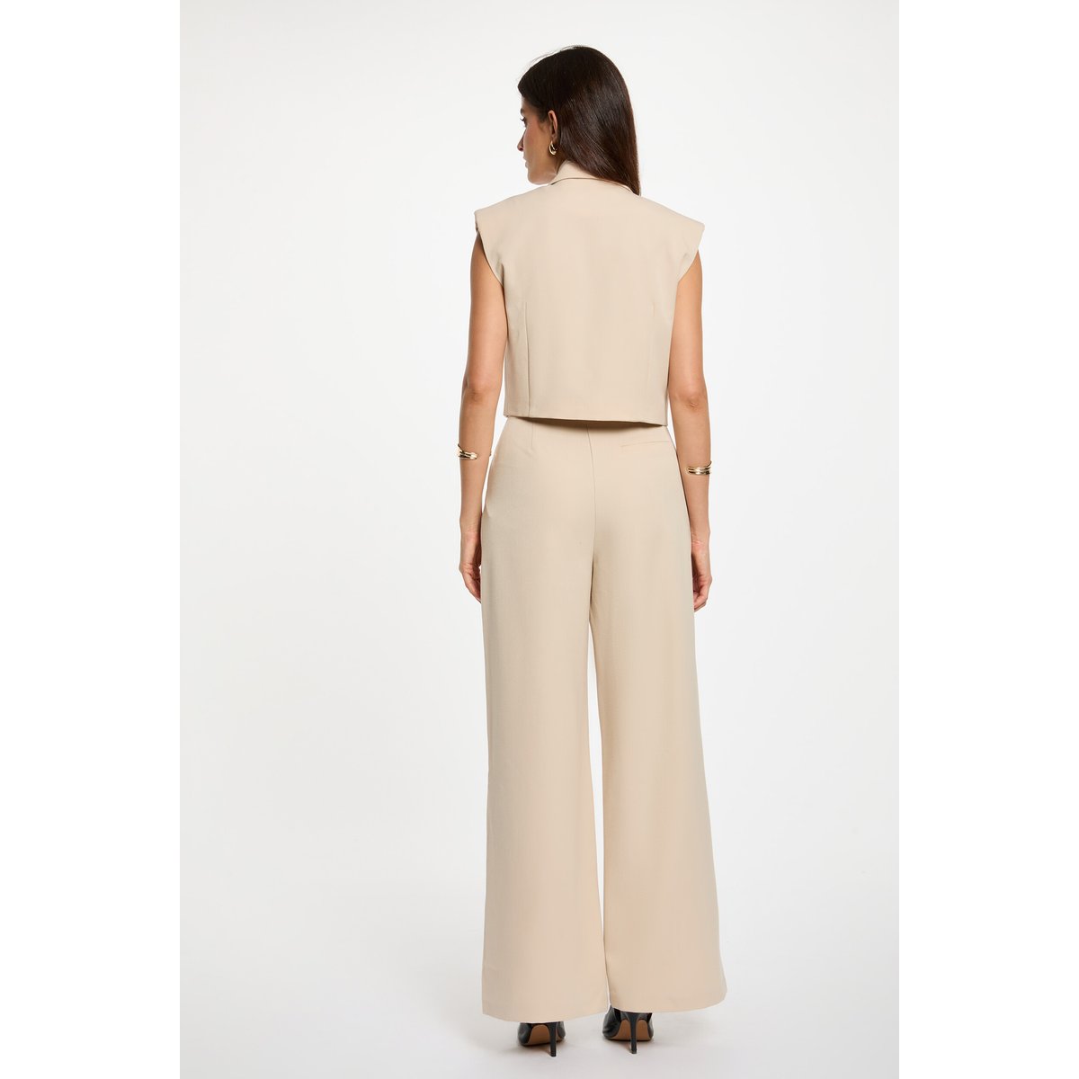 Pantalon large taille haute beige, MORGAN