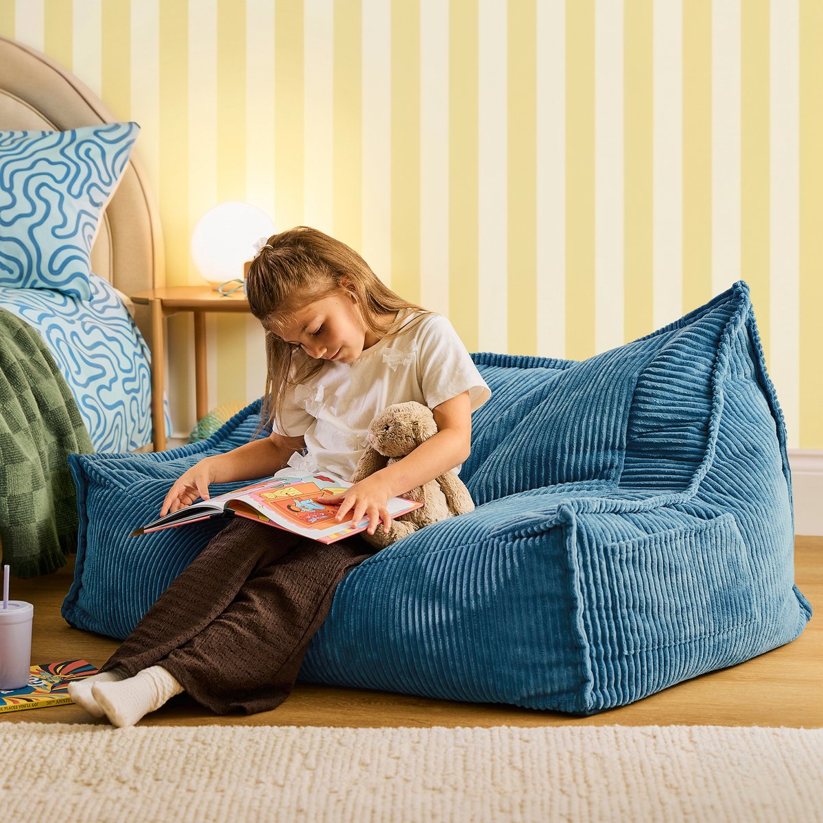 Pouf canapé enfant 2 places en velours côtelé Oeko-Tex® - ALTO bleu jeans, ICON