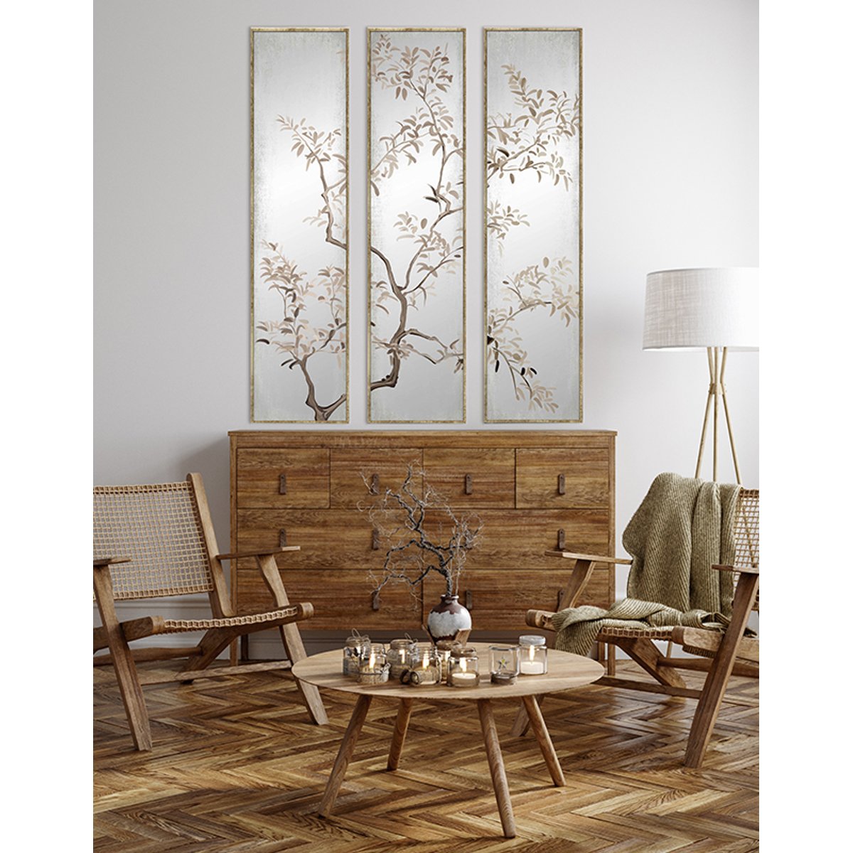Miroir triptyque imprimé arbre 30x120cm or, EMDE