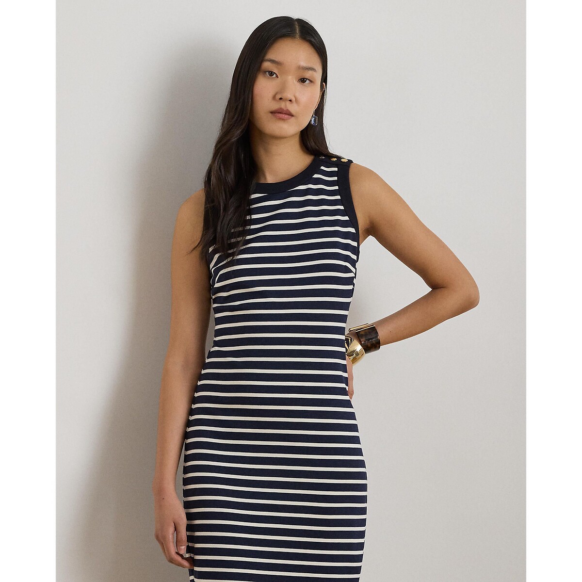 Robe courte rayée sans manches col rond  rayé marine/écru, LAUREN RALPH LAUREN