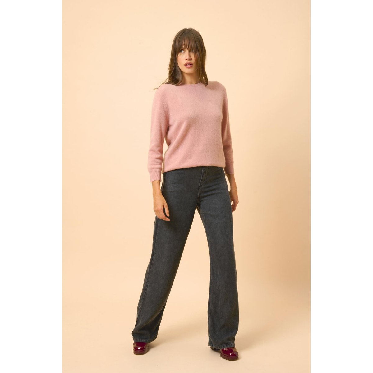 Pull Col Rond Boutonné Dos Bois De Rose Janice rose, JUST CASHMERE