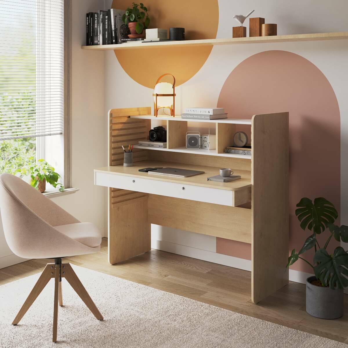 Bureau évolutif avec rangement LEWIS bois et blanc, AKITEN RETAIL