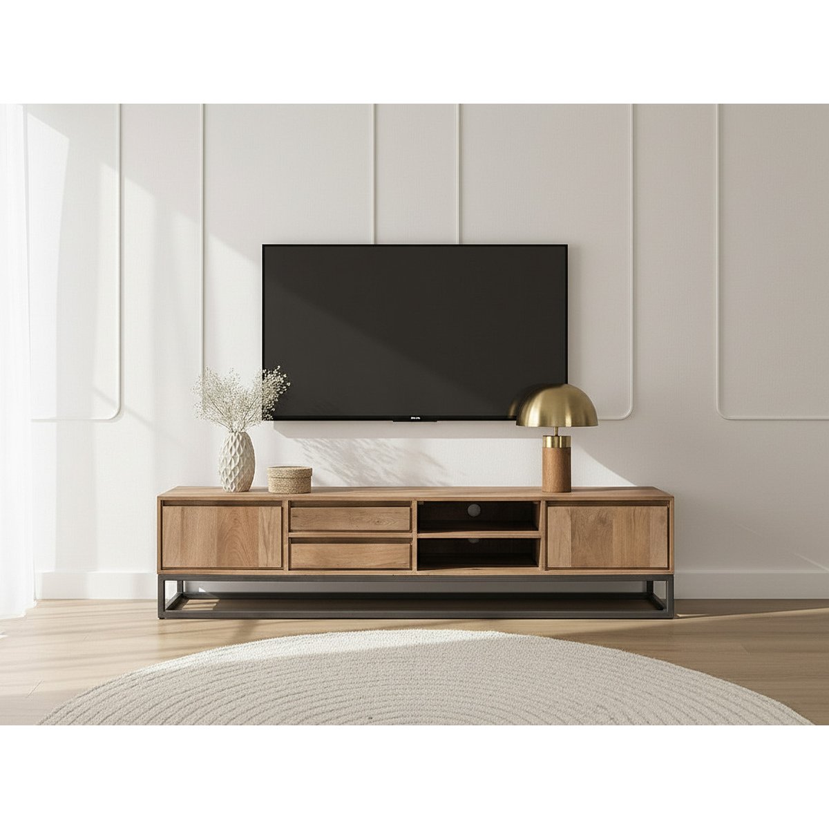 Meuble TV 200 cm bois massif, BERGERAC marron clair, BOBOCHIC
