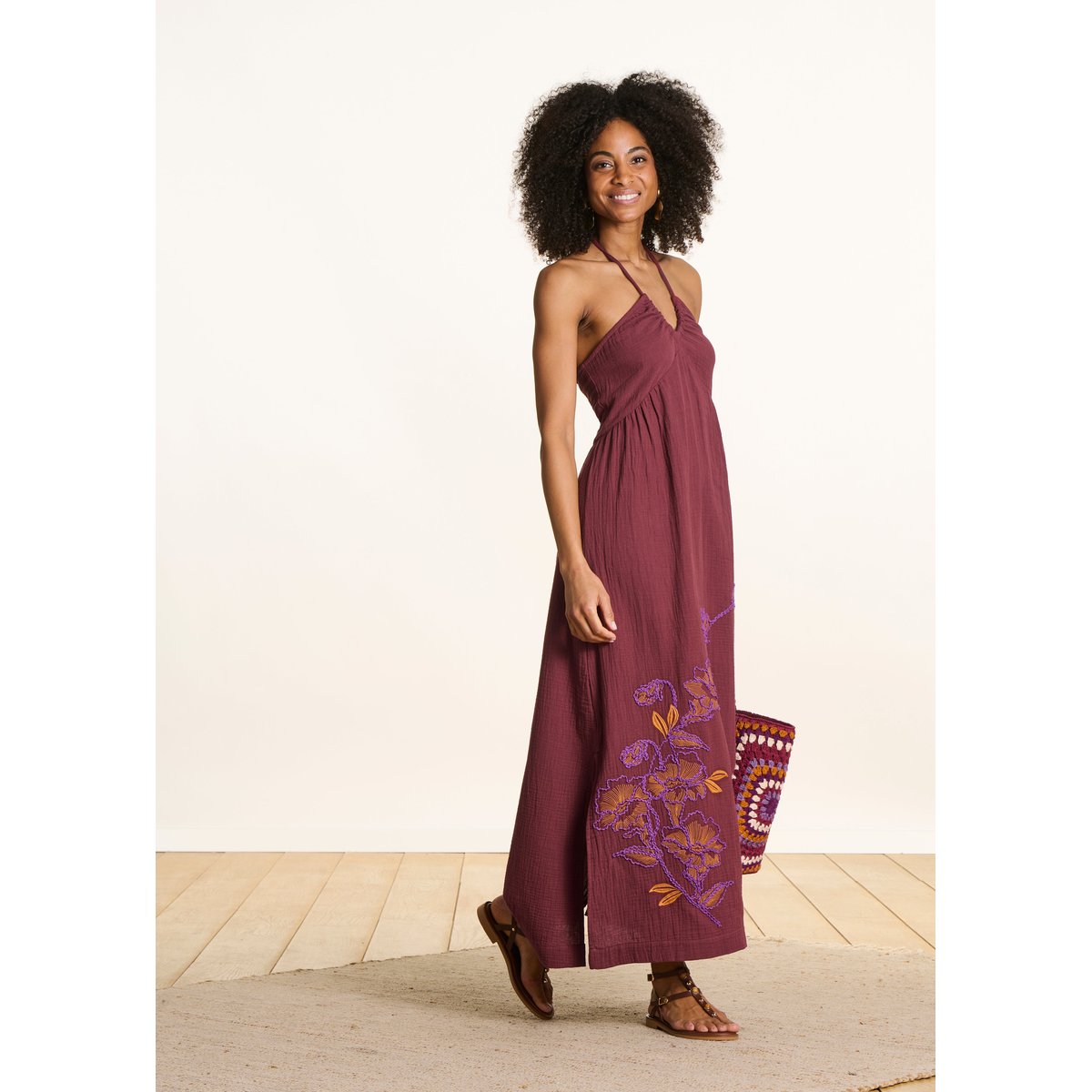 Robe longue bustier en gaze de coton brodée mahogany, LA FEE MARABOUTEE