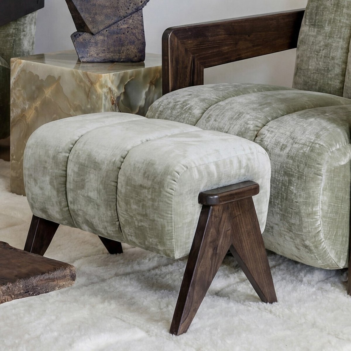 Holden Velvet Chenille Foot Stool sage, ÉDITÉ