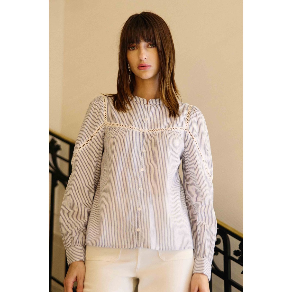 Blouse manches longues col mao imprimé à rayures BAYEN 20-ecru/bleu, LA PETITE ETOILE