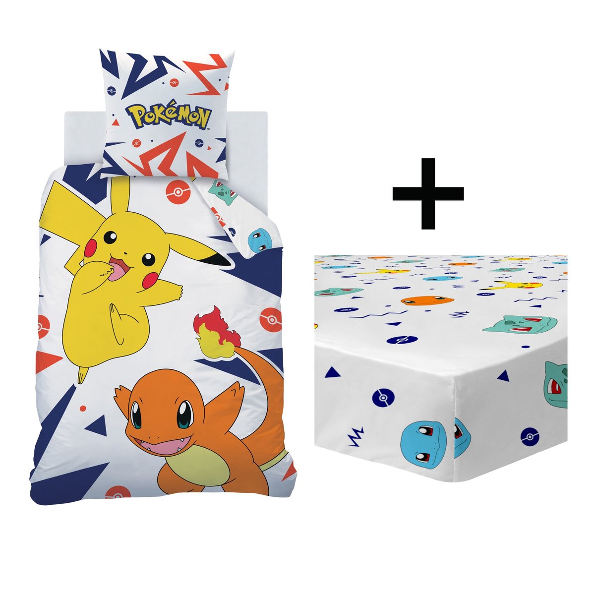 Parure de lit imprimée + drap housse 100% coton, ZIGGY blanc, POKEMON