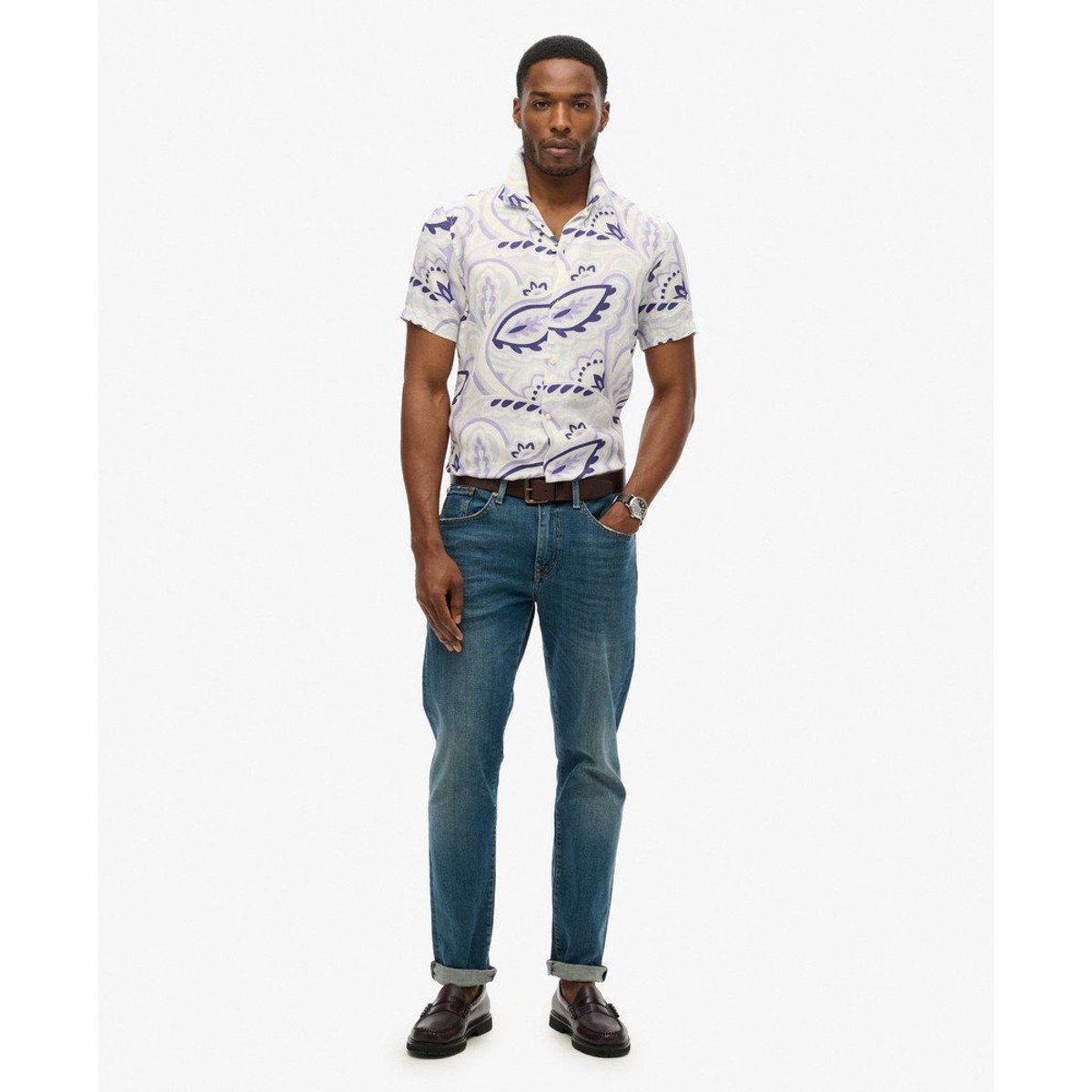 Chemise imprimée en lin à col ouvert imprimé gris laurier, SUPERDRY