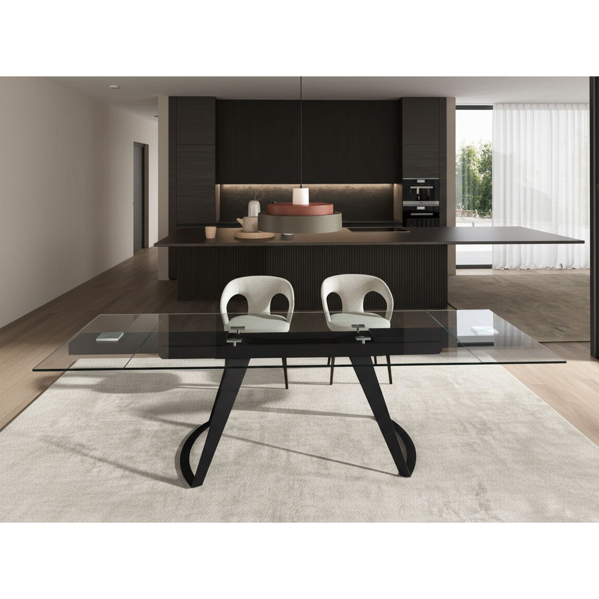 Table à manger extensible rectangulaire en verre trempé et acier noir | verre, ANGEL CERDA