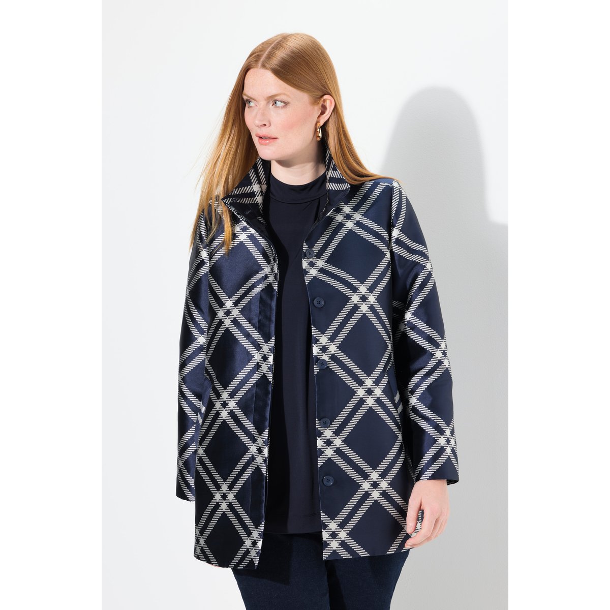 Veste à carreaux avec col montant et pli marine foncé, ULLA POPKEN
