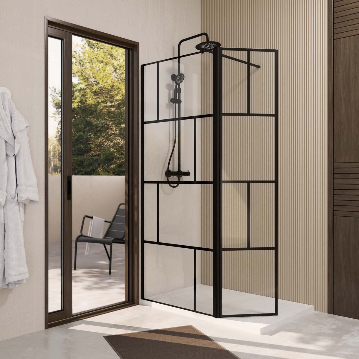 Paroi de douche sérigraphiée avec volet pivotant en verre trempé anticalcaire noir, HOME MAISON