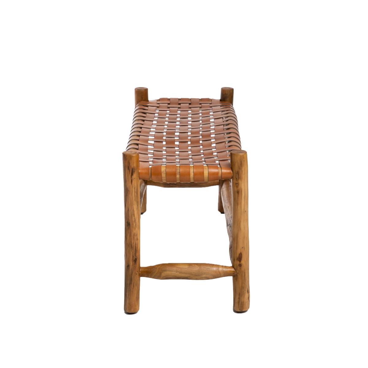 Banc en cuir marron et en bois ZOÉ bois foncé, MADE IN MEUBLES