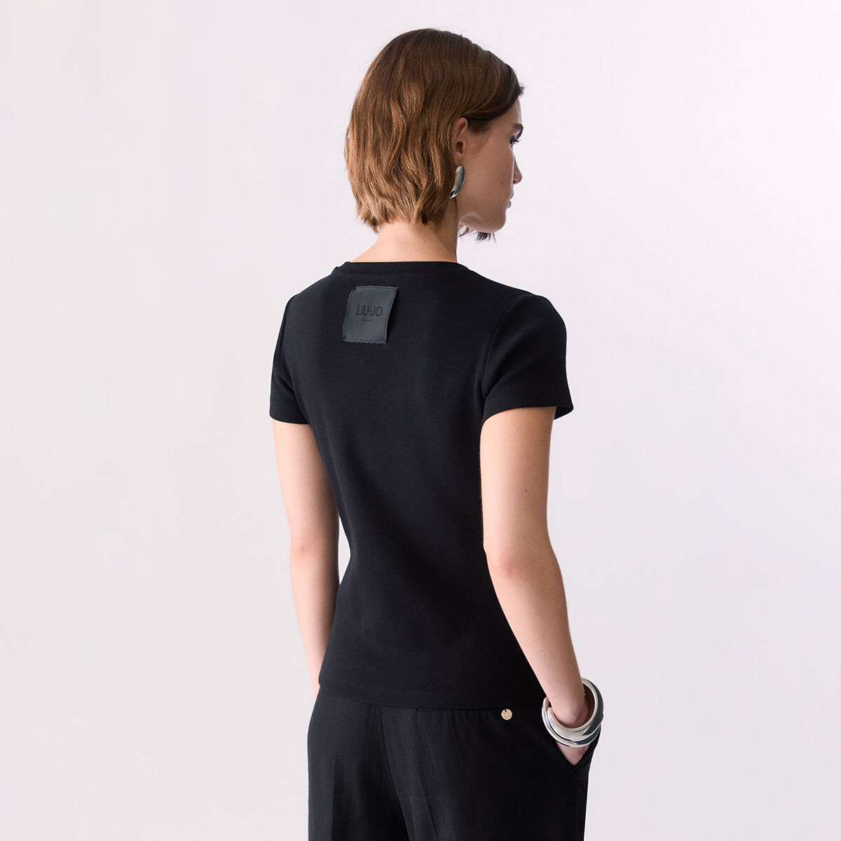 T-shirt côtelé avec patch logo noir, LIU JO