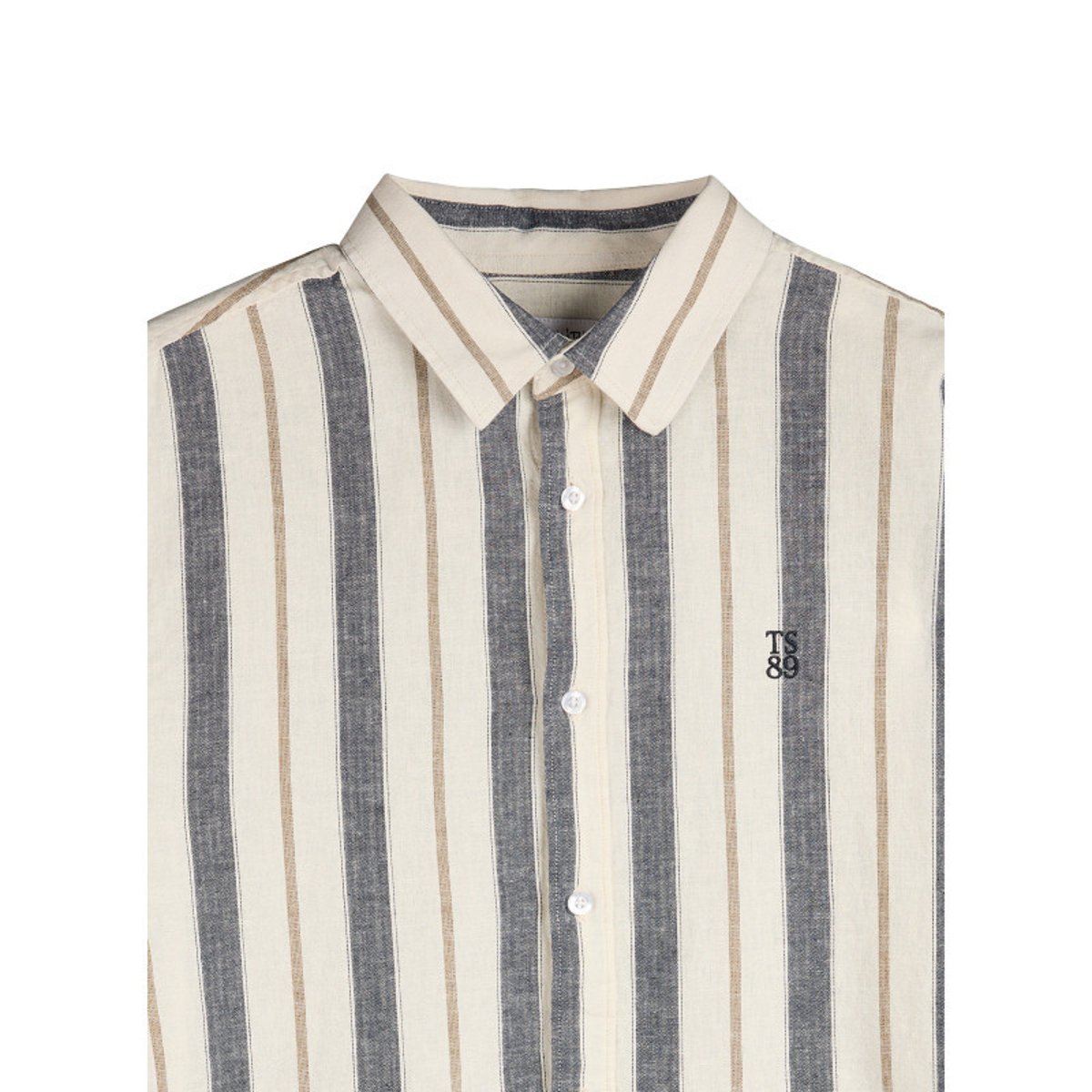 Chemise beige et grise en lin et coton ornée d'un motif à rayures multicolore, TEDDY SMITH