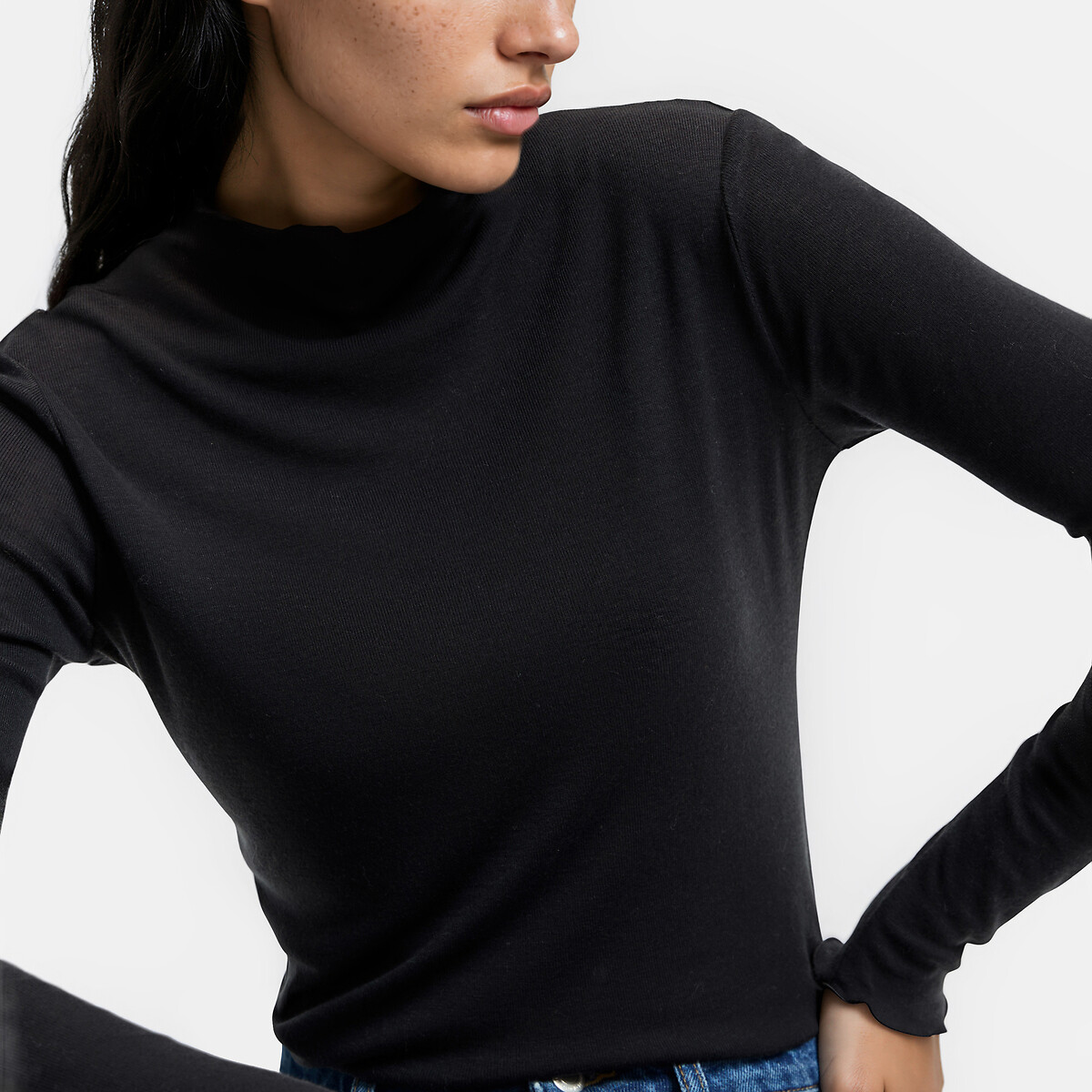 T-shirt col montant manches longues en lyocell et laine noir, LA REDOUTE COLLECTIONS
