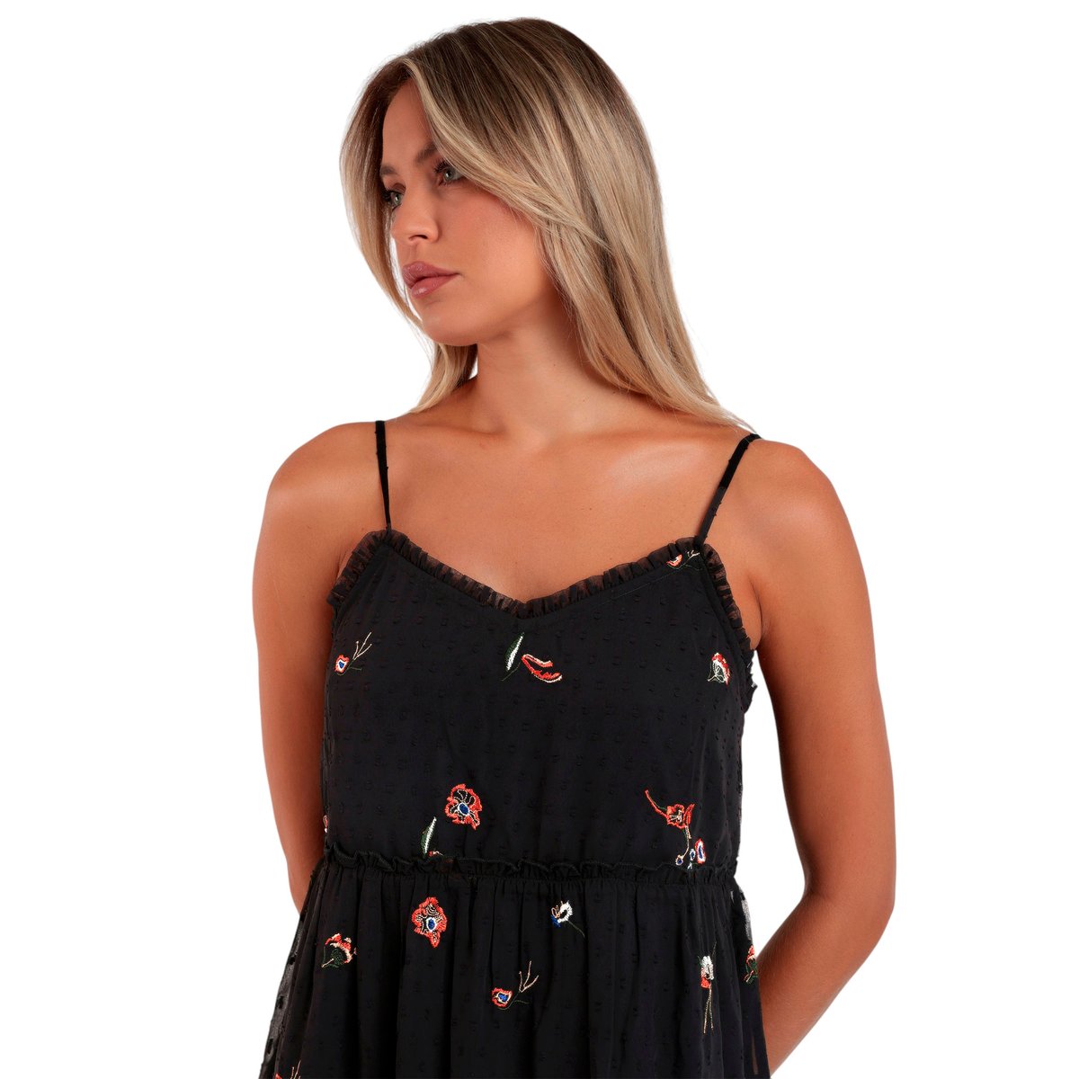 Robe estivale fines bretelles Oriental Flowers noir, ADMAS