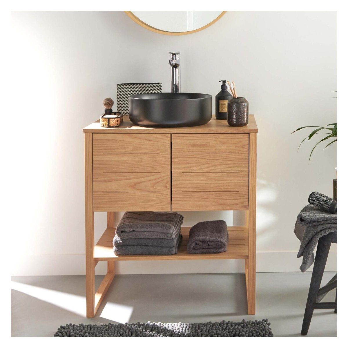 Meuble 70cm chêne vasque ronde noire robinet miroir ATOLL couleur unique, MOB IN