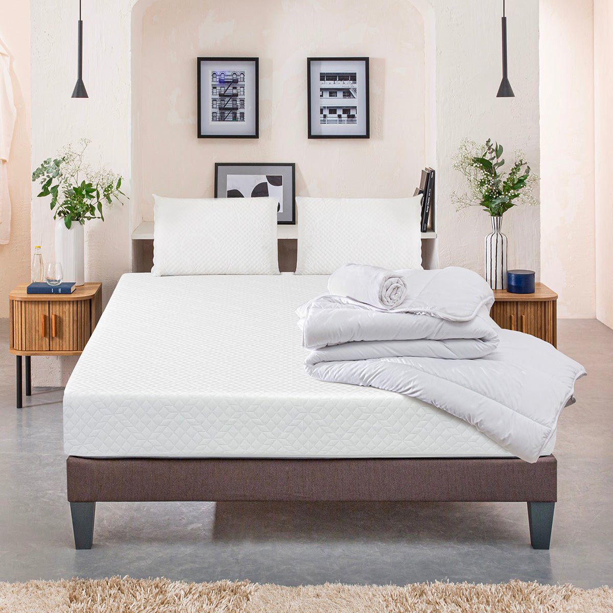 Pack Absolu 90x200 cm Matelas Mousse + Sommier Bois + Accessoires blanc, BELLECOUR