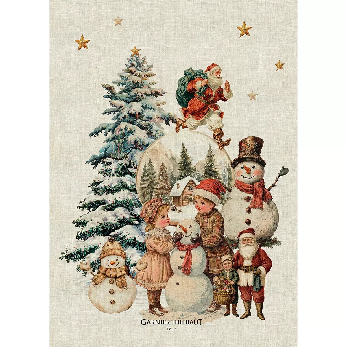 Torchon lin & coton lavé BONHOMMES DE NEIGE vintage, GARNIER THIEBAUT