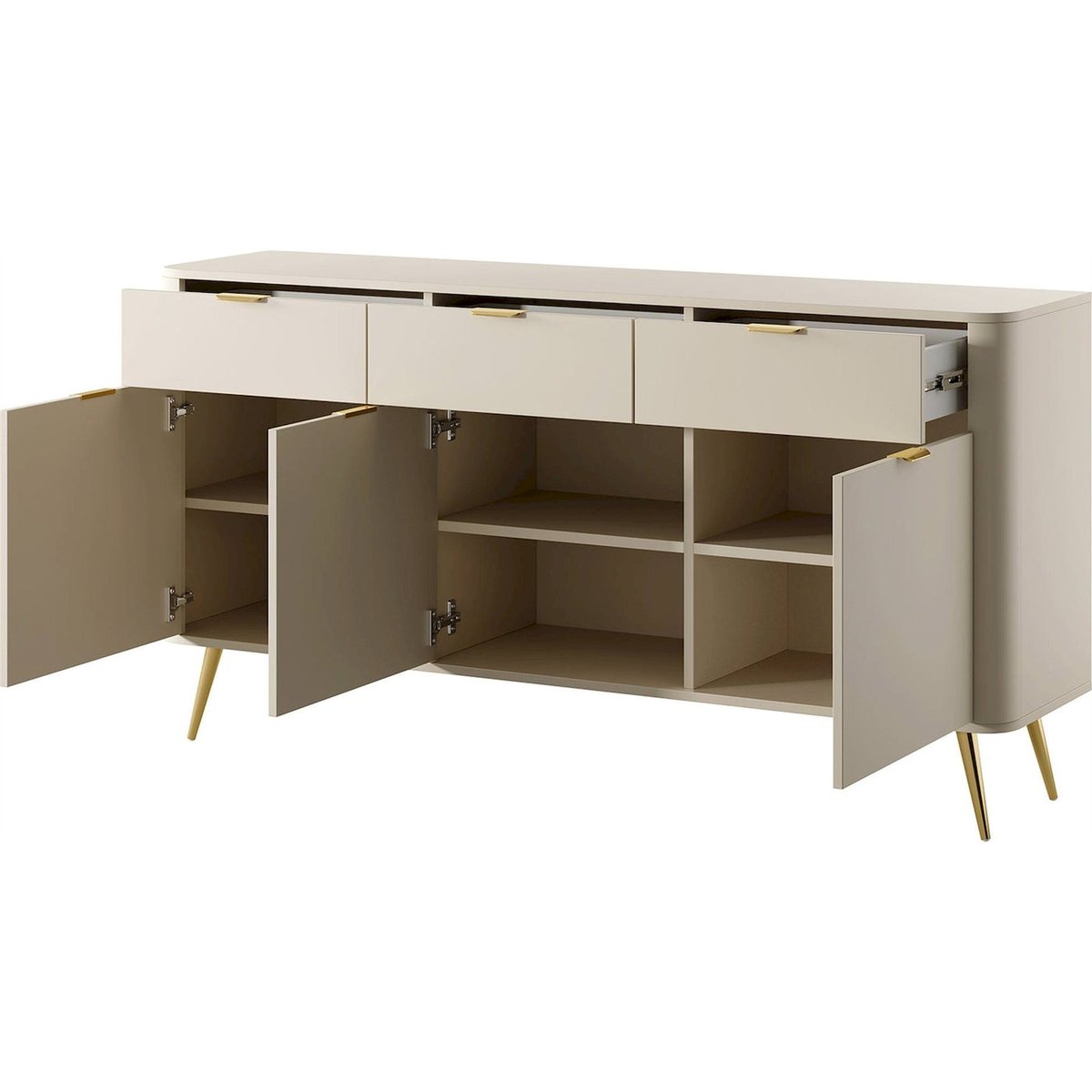 Buffet arrondi OVAL 3 portes et tiroirs gris beige, RECOLLECTION