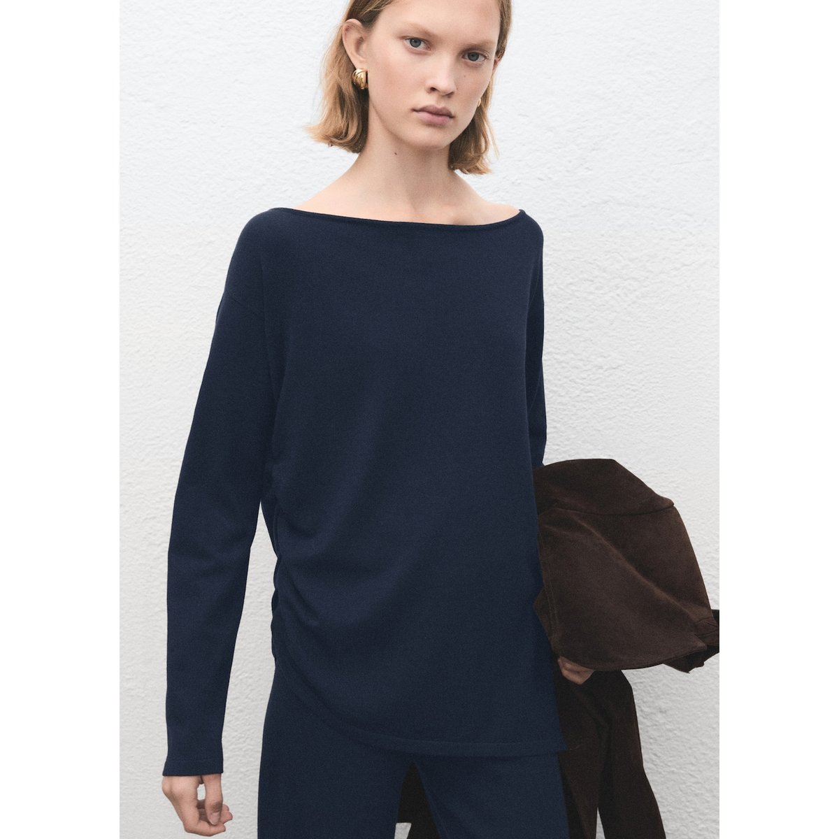 Pull maille col bateau bleu marine foncé, MANGO