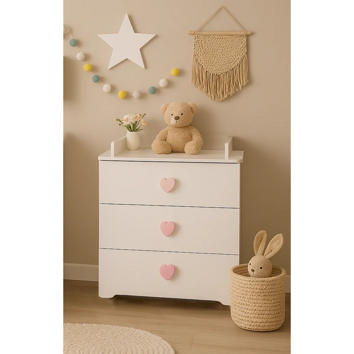 Commode à langer 3 tiroirs blanc/rose, BABY PRICE