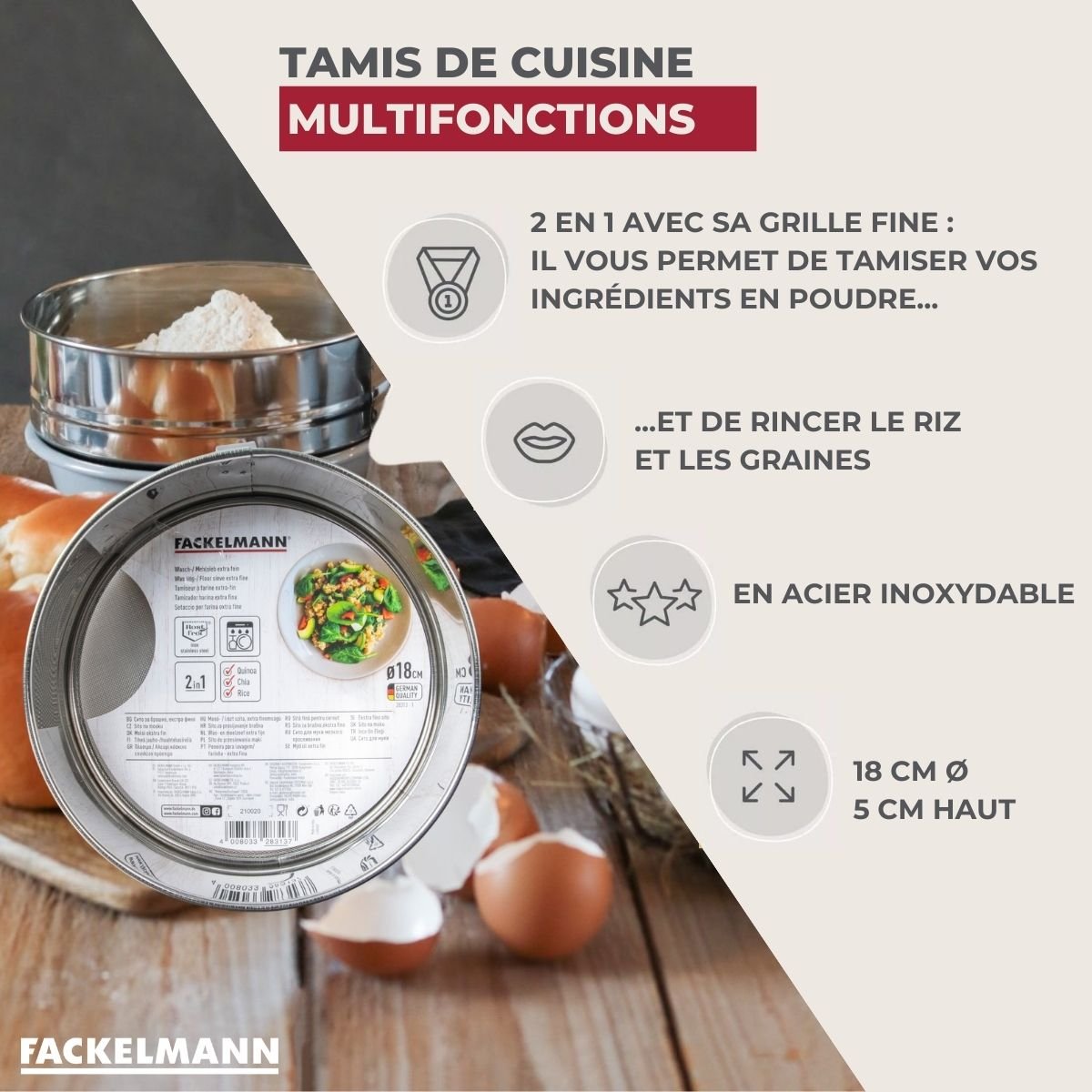 Ensemble de 2 Tamis de cuisine extra fin 18 cm de diamètre BASIC gris, FACKELMANN