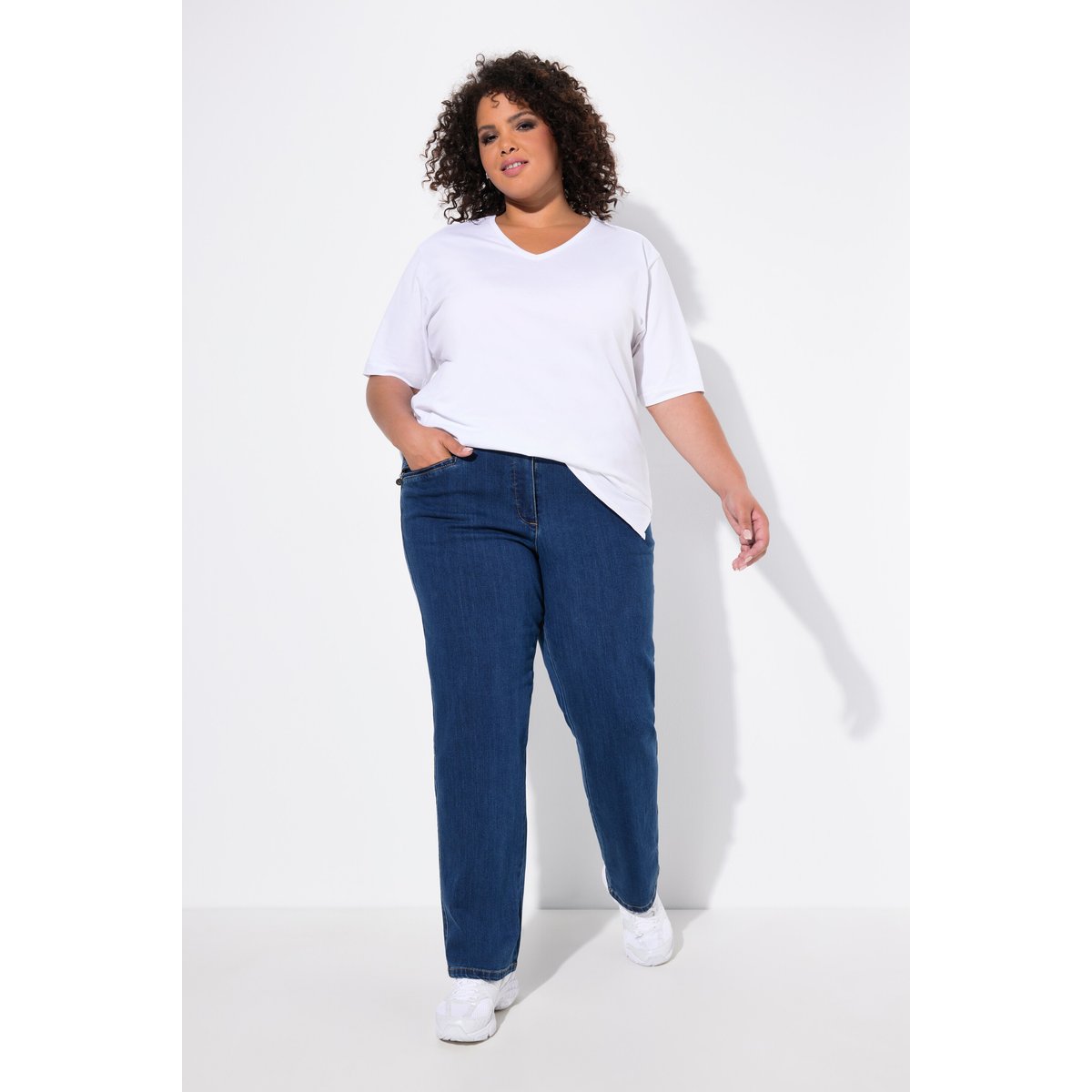 Jean Mony, jambe carotte et poches zippées bleu jean, ULLA POPKEN