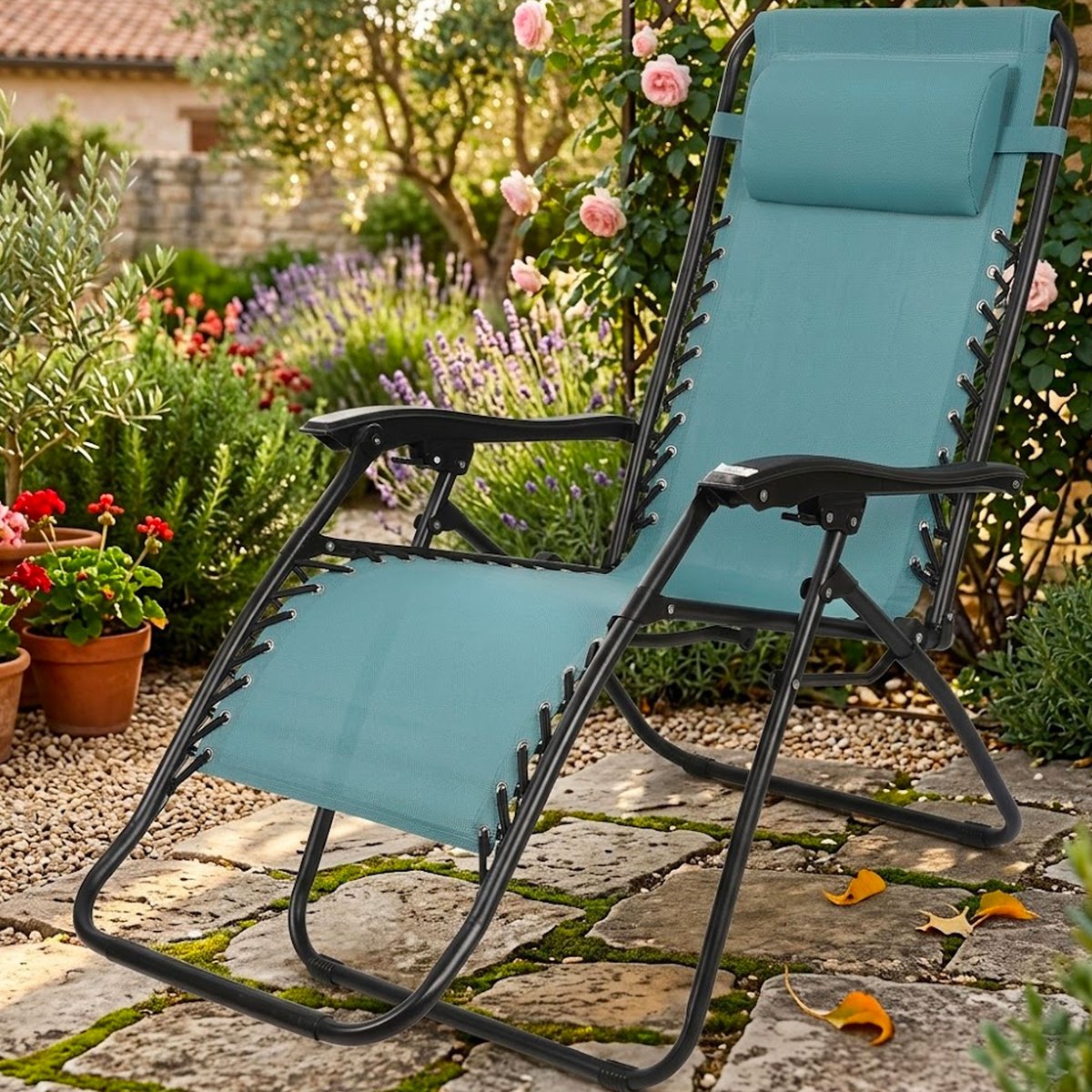 Fauteuil transat relax bleu pliable 175x64x108cm bleu, WADIGA