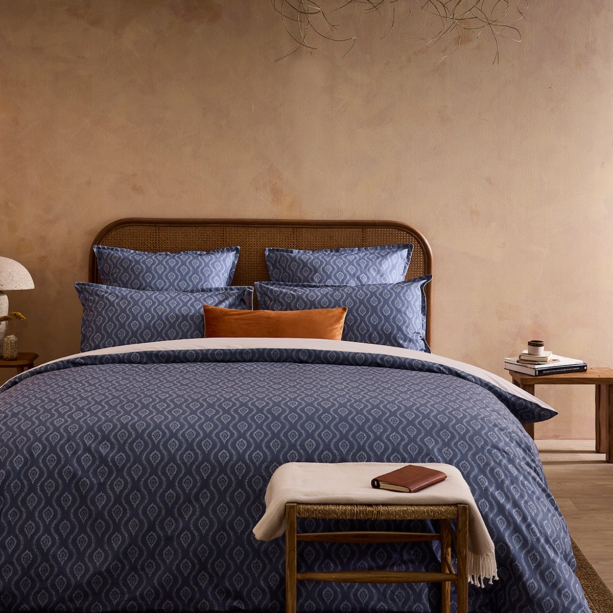 Parure de lit imprimée en percale de coton, taies rectangles, HAVELI bleu foncé, ESSIX
